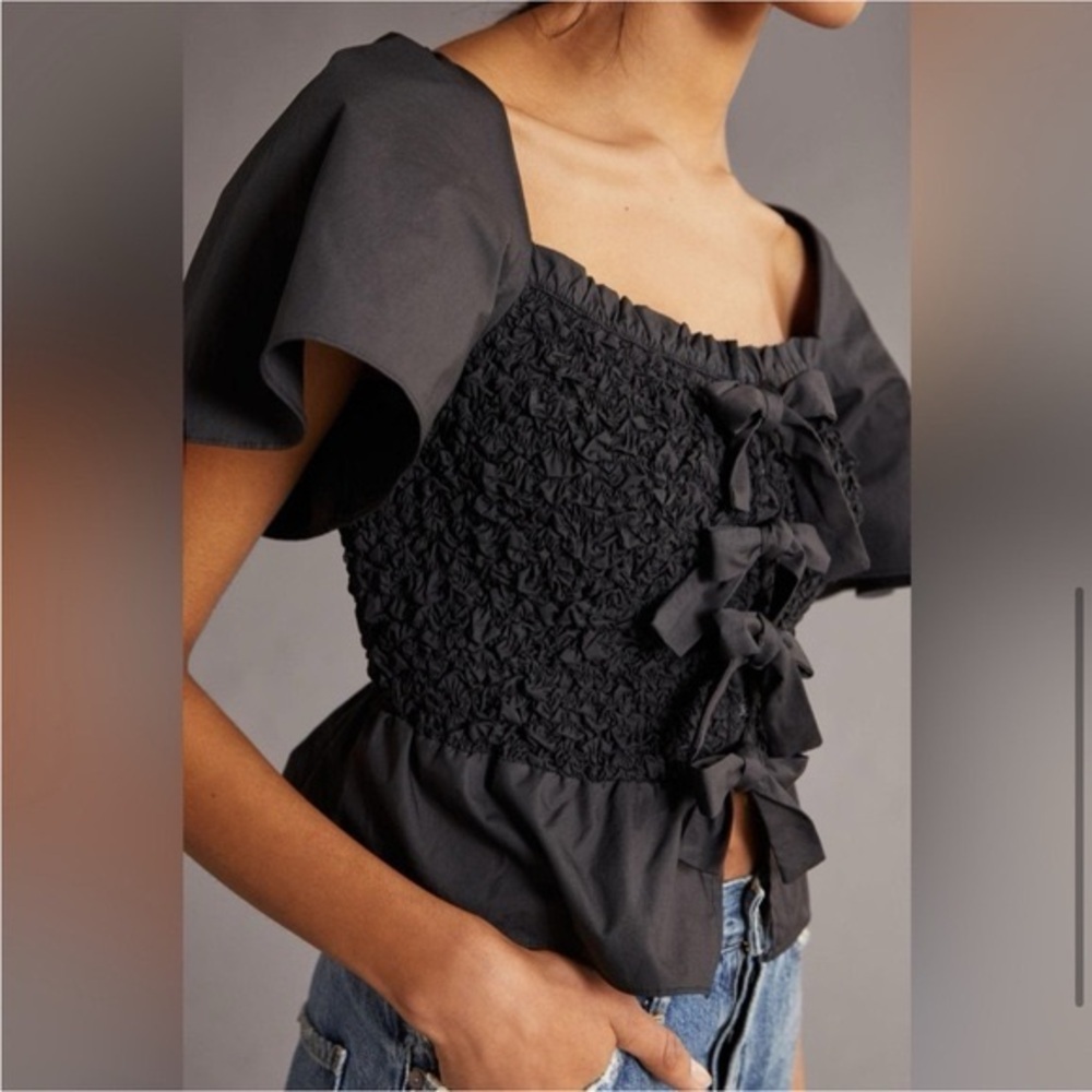 Mare Mare x Anthropologie Black Smocked Blouse with Bow Accents Peplum Small